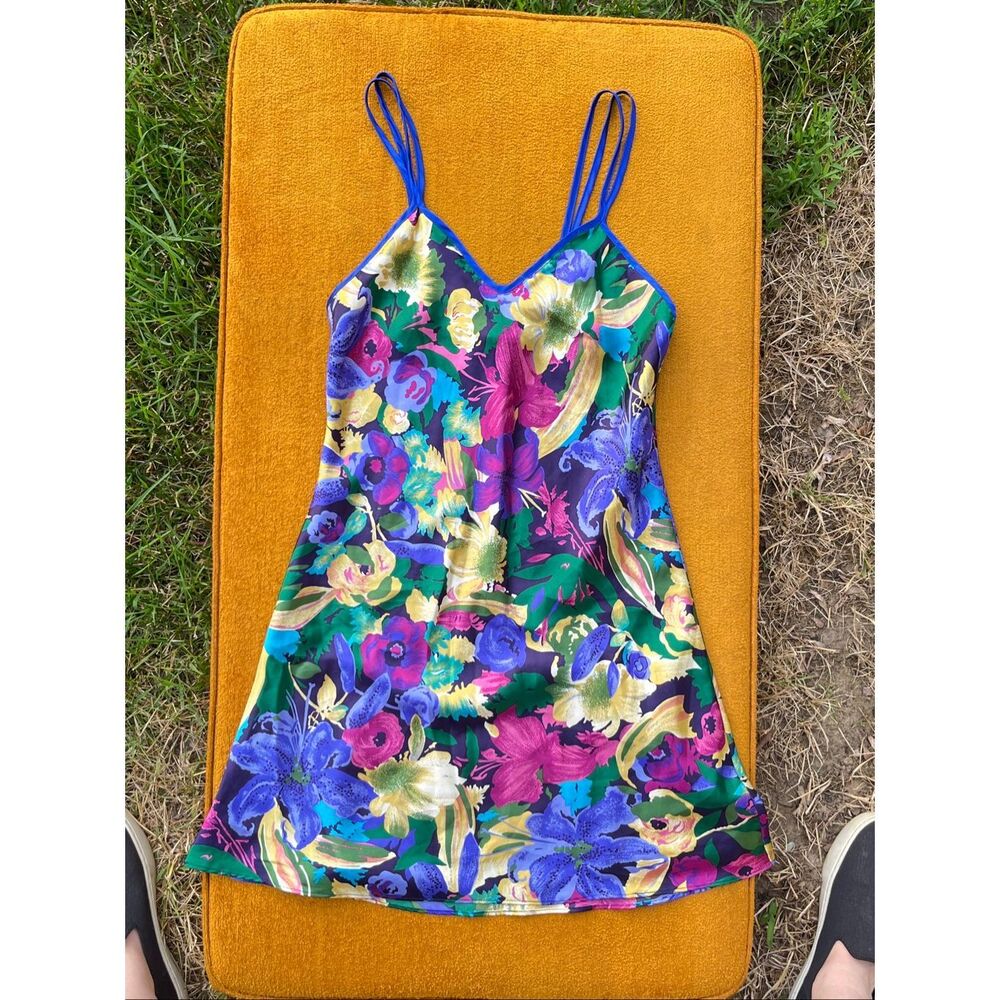 VTG 90s Val Mode Floral Satin Slip Dress Made USA Double Strap Lingerie Small